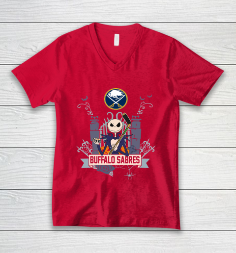 NHL Buffalo Sabres Hockey Jack Skellington Halloween V-Neck T-Shirt 6