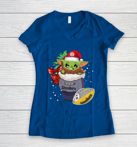 Pittsburgh Steelers Christmas Baby Yoda Star Wars Funny Happy NFL Women's V-Neck T-Shirt 9