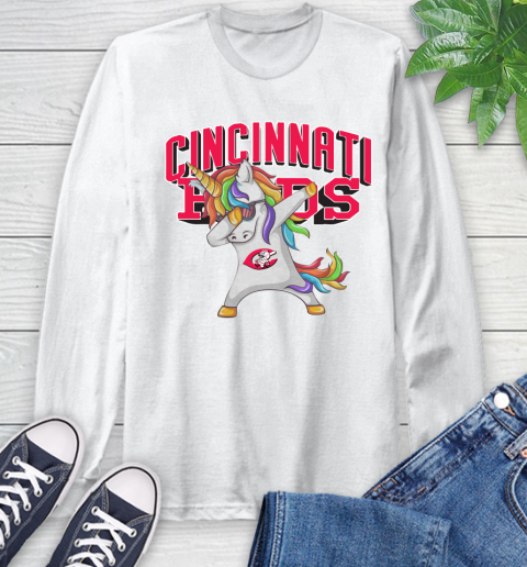 Cincinnati Reds MLB Baseball Funny Unicorn Dabbing Sports Long Sleeve T-Shirt