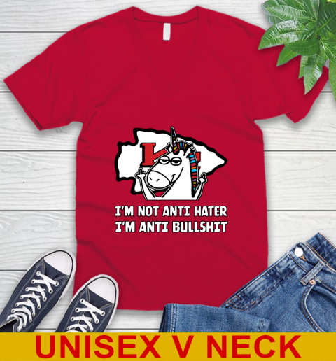 Kansas City Chiefs NFL Football Unicorn I'm Not Anti Hater I'm Anti Bullshit V-Neck T-Shirt 7