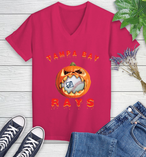 MLB Tampa Bay Rays Halloween Pumpkin Baseball Sports Women's V-Neck T-Shirt 9
