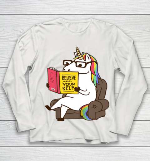 Unicorn Shirt Believe in Yourself Motivational Book Lover Youth Long Sleeve 11