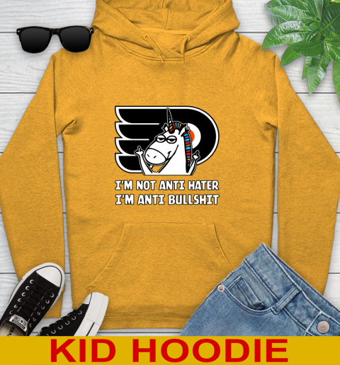 Philadelphia Flyers NHL Hockey Unicorn I'm Not Anti Hater I'm Anti Bullshit Youth Hoodie 3