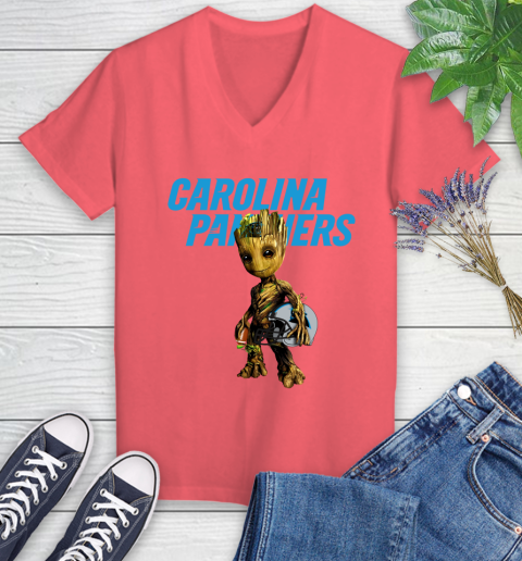 Carolina Panthers NFL Football Groot Marvel Guardians Of The Galaxy Women's V-Neck T-Shirt 6