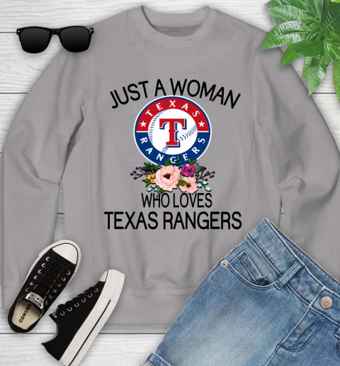 MLB Just A Woman Who Loves Texas Rangers Baseball Sports Youth Sweatshirt 2