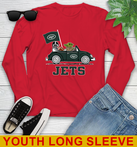 NFL Football New York Jets Darth Vader Baby Yoda Driving Star Wars Shirt Youth Long Sleeve 11