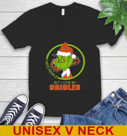 Baltimore Orioles MLB Christmas Grinch I Hate People But I Love My Favorite Baseball Team V-Neck T-Shirt 2