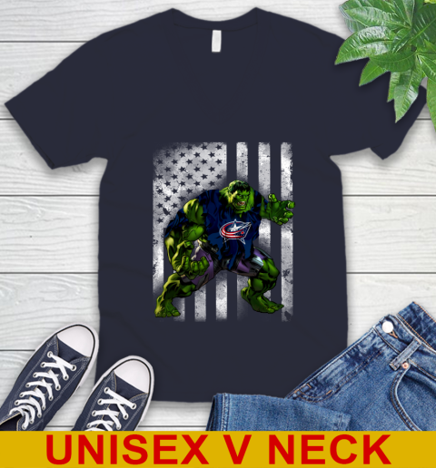 Columbus Blue Jackets Hulk Marvel Avengers NHL Hockey American Flag V-Neck T-Shirt - Image 3