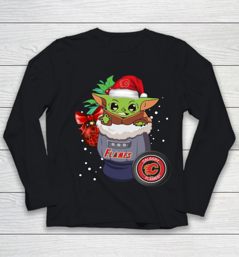Calgary Flames Christmas Baby Yoda Star Wars Funny Happy NHL Youth Long Sleeve