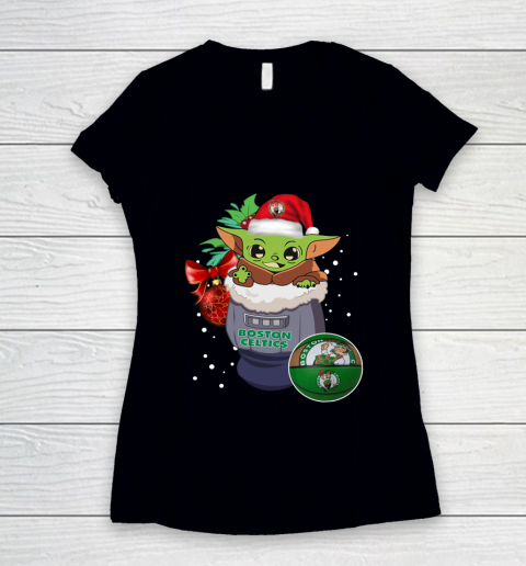 Boston Celtics Christmas Baby Yoda Star Wars Funny Happy NBA Women's V-Neck T-Shirt