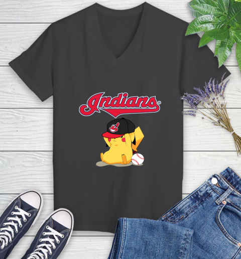 MLB Pikachu Baseball Sports Cleveland Indians Women's V-Neck T-Shirt 8