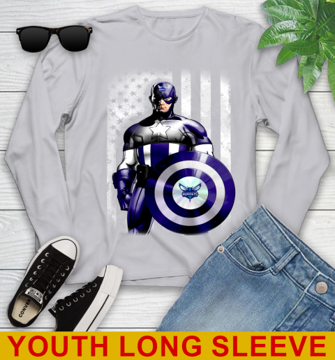 Charlotte Hornets NBA Basketball Captain America Marvel Avengers American Flag Shirt Youth Long Sleeve 5