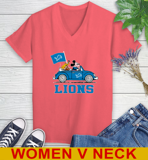 NFL Football Detroit Lions Pluto Mickey Driving Disney Shirt Women's V-Neck T-Shirt 7