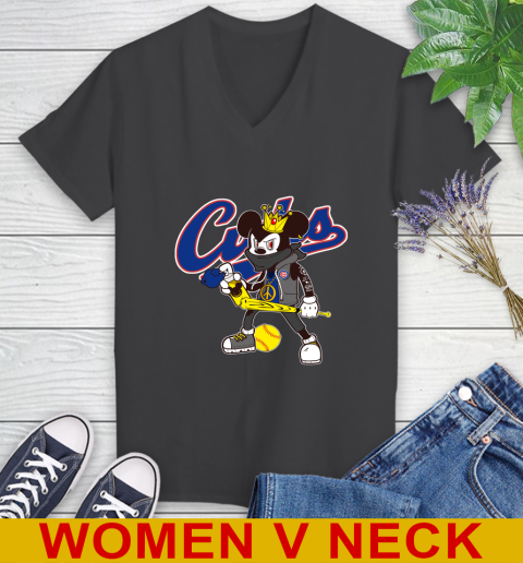 Chicago Cubs MLB Baseball Mickey Peace Sign Sports Women's V-Neck T-Shirt 9