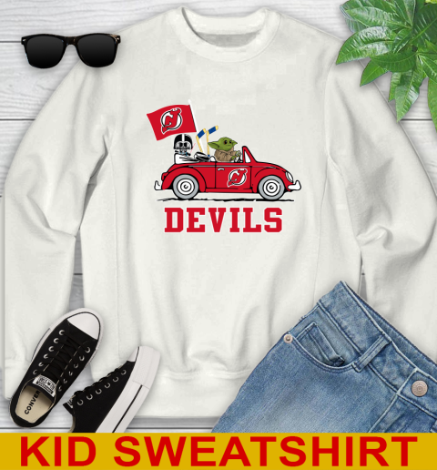 NHL Hockey New Jersey Devils Darth Vader Baby Yoda Driving Star Wars Shirt Youth Sweatshirt
