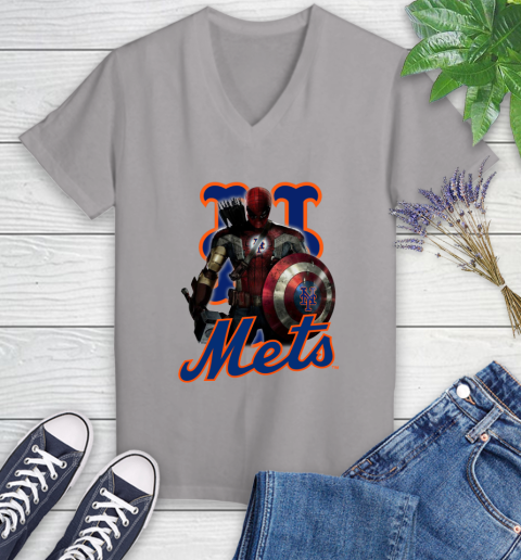 MLB Captain America Thor Spider Man Hawkeye Avengers Endgame Baseball New York Mets Women's V-Neck T-Shirt 4
