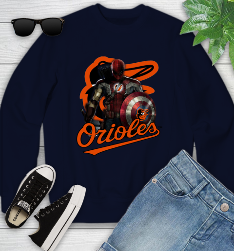 MLB Captain America Thor Spider Man Hawkeye Avengers Endgame Baseball Baltimore Orioles Youth Sweatshirt 3