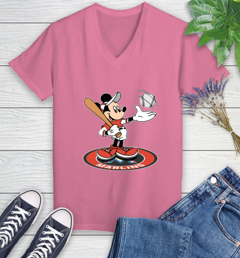 MLB Baseball Miami Marlins Cheerful Mickey Disney Shirt Women's V-Neck T-Shirt 11