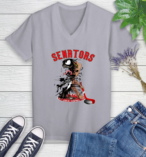 NHL Ottawa Senators Hockey Venom Groot Guardians Of The Galaxy Women's V-Neck T-Shirt 4
