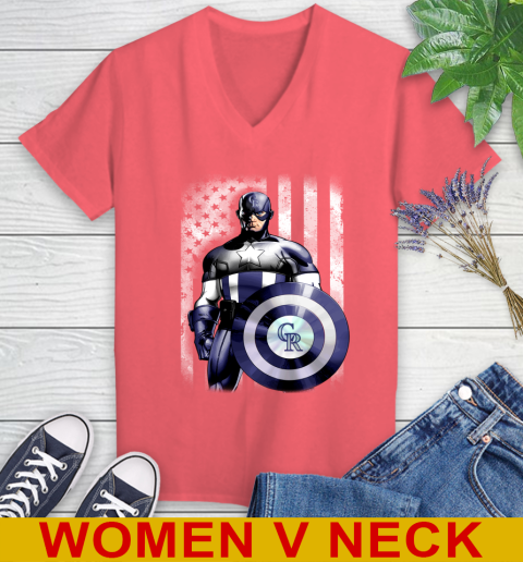 Colorado Rockies MLB Baseball Captain America Marvel Avengers American Flag Shirt Women's V-Neck T-Shirt 6