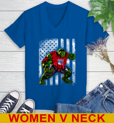 New York Rangers Hulk Marvel Avengers NHL Hockey American Flag Women's V-Neck T-Shirt 9
