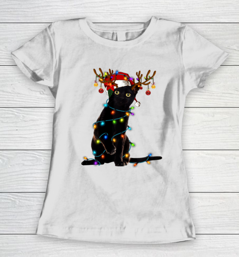 Black Cat Christmas Light T Shirt Funny Cat Lover Christmas Women's T-Shirt