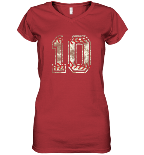 ct61 baseball jersey number 10 vintage distressed women v neck t shirt 39 front red