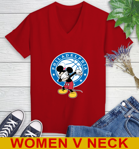 Philadelphia 76ers NBA Basketball Dabbing Mickey Disney Sports Women's V-Neck T-Shirt 12