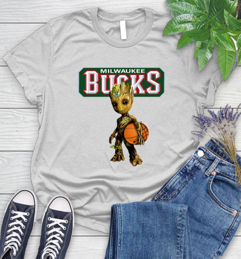 Milwaukee Bucks NBA Basketball Groot Marvel Guardians Of The Galaxy Women's T-Shirt