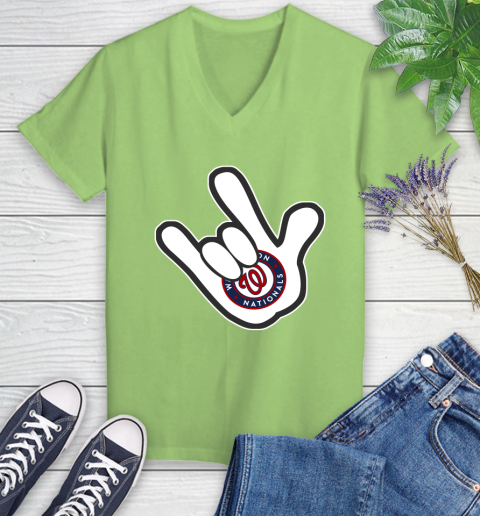 Washington Nationals MLB Baseball Mickey Rock Hand Disney Women's V-Neck T-Shirt 11