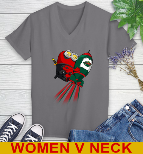 NHL Hockey Minnesota Wild Deadpool Minion Marvel Shirt Women's V-Neck T-Shirt 11