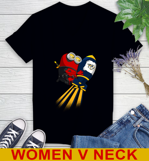 NHL Hockey Nashville Predators Deadpool Minion Marvel Shirt Women's V-Neck T-Shirt