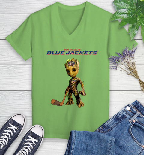 Columbus Blue Jackets NHL Hockey Groot Marvel Guardians Of The Galaxy Women's V-Neck T-Shirt 11