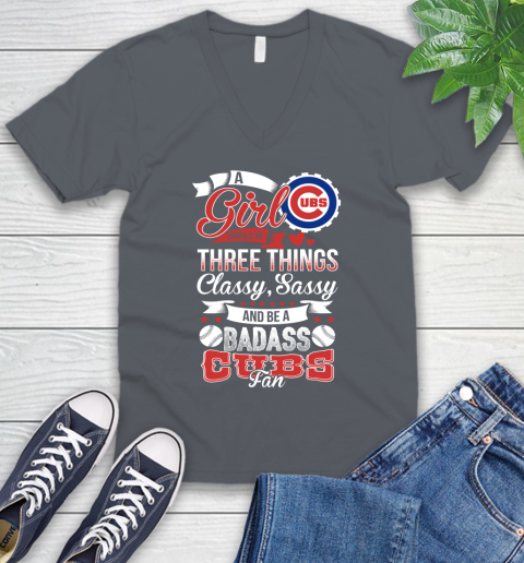 Chicago Cubs MLB Baseball A Girl Should Be Three Things Classy Sassy And A Be Badass Fan V-Neck T-Shirt 5 Chicago Cubs MLB Baseball A Girl Should Be Three Things Classy Sassy And A Be Badass Fan V-Neck T-Shirt - Image 5
