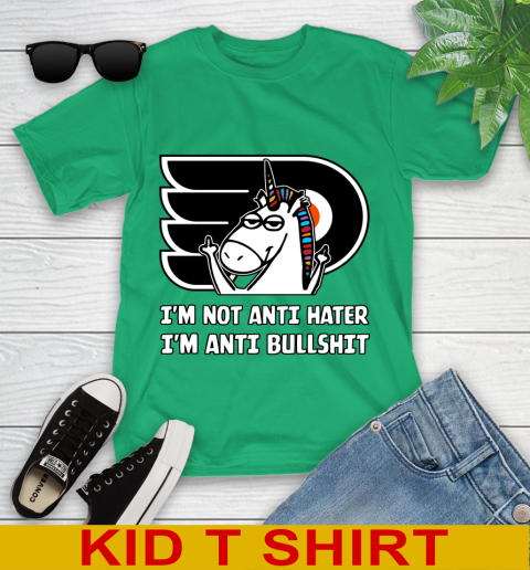 Philadelphia Flyers NHL Hockey Unicorn I'm Not Anti Hater I'm Anti Bullshit Youth T-Shirt 6