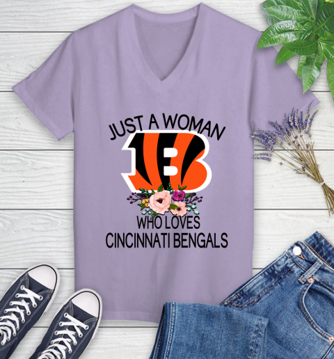 NFL Just A Woman Who Loves Cincinnati Bengals Football Sports Women's V-Neck T-Shirt 9