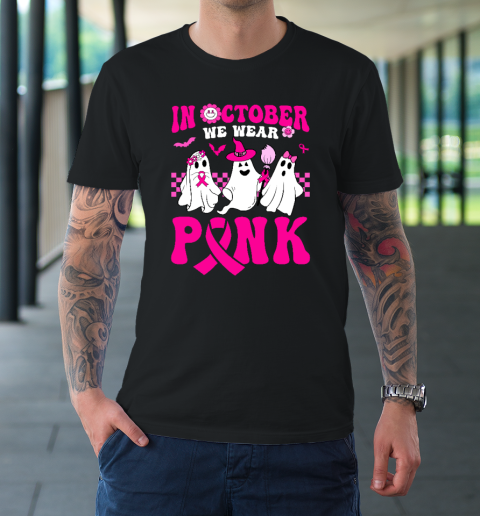 In October We Wear Pink Ghosts And Groovy Breast Cancer T-Shirt