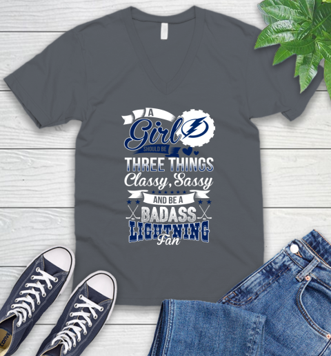 Tampa Bay Lightning NHL Hockey A Girl Should Be Three Things Classy Sassy And A Be Badass Fan V-Neck T-Shirt 4