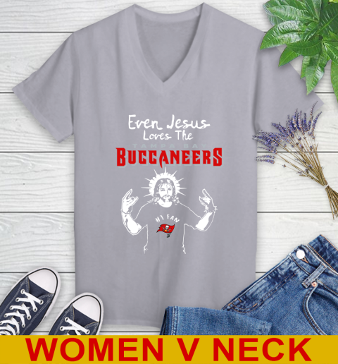 Tampa Bay Buccaneers NFL Football Even Jesus Loves The Buccaneers Shirt Women's V-Neck T-Shirt 4