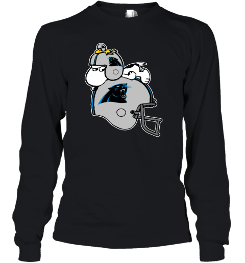 Snoopy And Woodstock Resting On Carolina Panthers Helmet Youth Long Sleeve