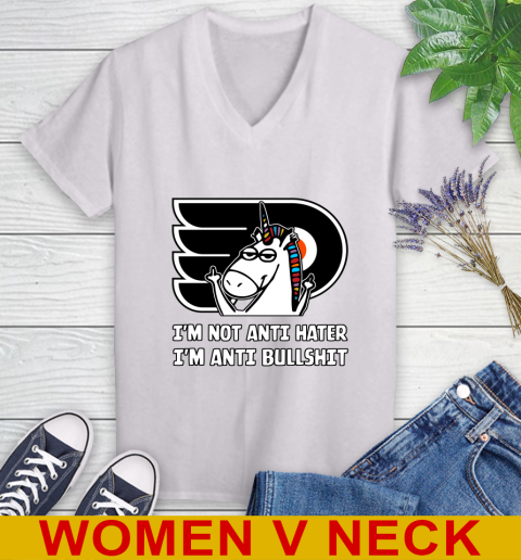 Philadelphia Flyers NHL Hockey Unicorn I'm Not Anti Hater I'm Anti Bullshit Women's V-Neck T-Shirt