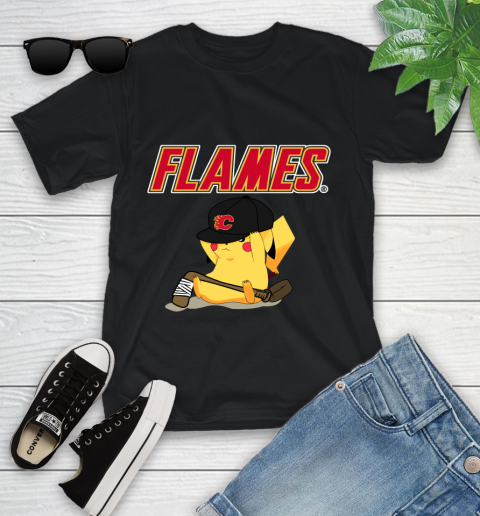 NHL Pikachu Hockey Sports Calgary Flames Youth T-Shirt 2