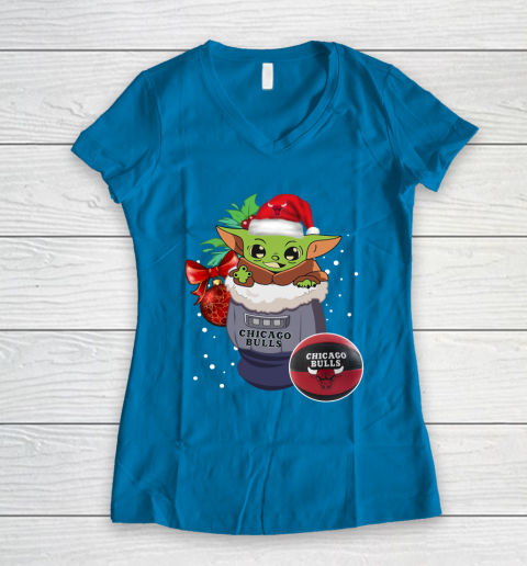 Chicago Bulls Christmas Baby Yoda Star Wars Funny Happy NBA Women's V-Neck T-Shirt 7