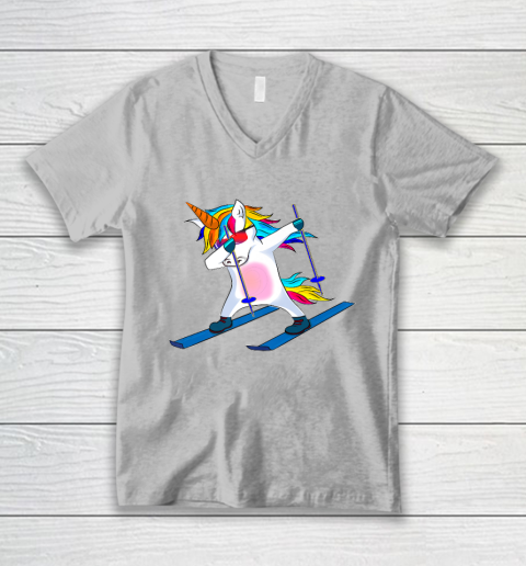 Skiing Unicorn Dabbing Funny Gift V-Neck T-Shirt 4