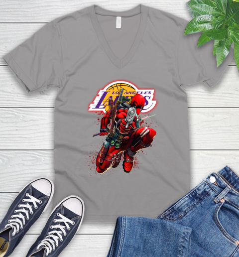NBA Deadpool Marvel Comics Sports Basketball Los Angeles Lakers V-Neck T-Shirt 4