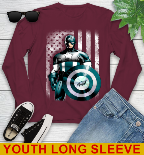 Philadelphia Eagles NFL Football Captain America Marvel Avengers American Flag Shirt Youth Long Sleeve 6