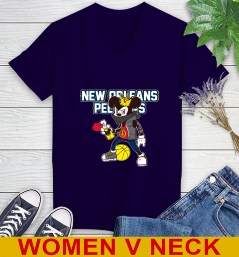New Orleans Pelicans NBA Basketball Mickey Peace Sign Sports Women's V-Neck T-Shirt 4