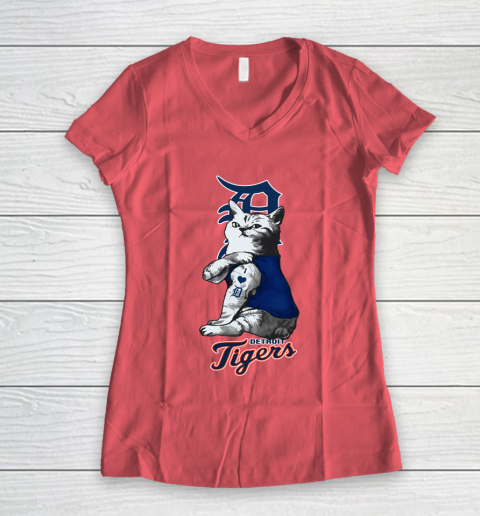 MLB Baseball My Cat Loves Detroit Tigers Women's V-Neck T-Shirt 4