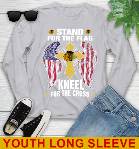 NHL Hockey Chicago Blackhawks Stand For Flag Kneel For The Cross Shirt Youth Long Sleeve 5