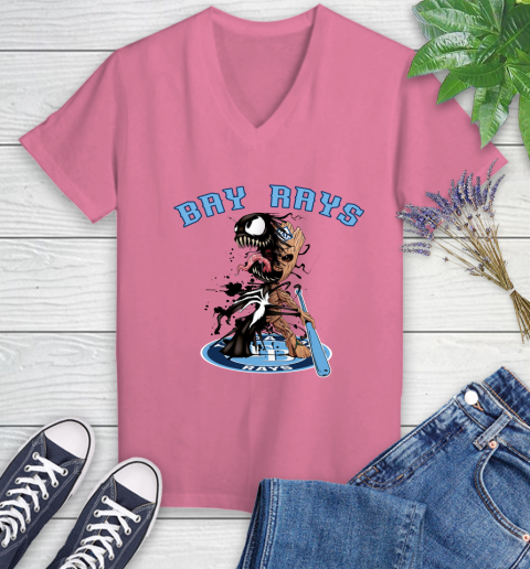 MLB Tampa Bay Rays Baseball Venom Groot Guardians Of The Galaxy Women's V-Neck T-Shirt 13
